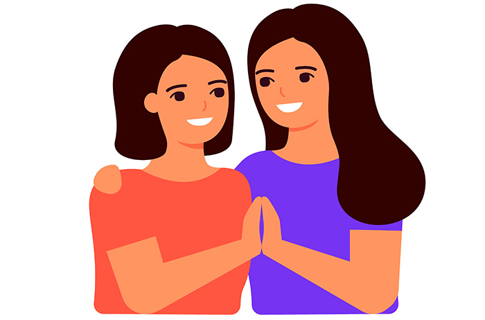 Familie und Freunde mit einer modernen Abstrich-Methode und Aufklärung mit zutreffenden Informationen vor Gebärmutterhalskrebs bewahren Illustration einer jungen Mutter und ihrer Tochter mit dunkelbraunen Haaren und einem violetten und einem roten T-Shirt, die dicht beieinander stehen, ihre Hände aneinander halten, und sich glücklich anlächeln.
