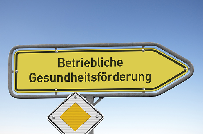 Fürsorgeangebote aus moralischer Verpflichtung Wegweisendes Straßenschild mit der Aufschrift "Betriebliche Gesundheitsförderung" und einem Vorfahrtsschild darunter.