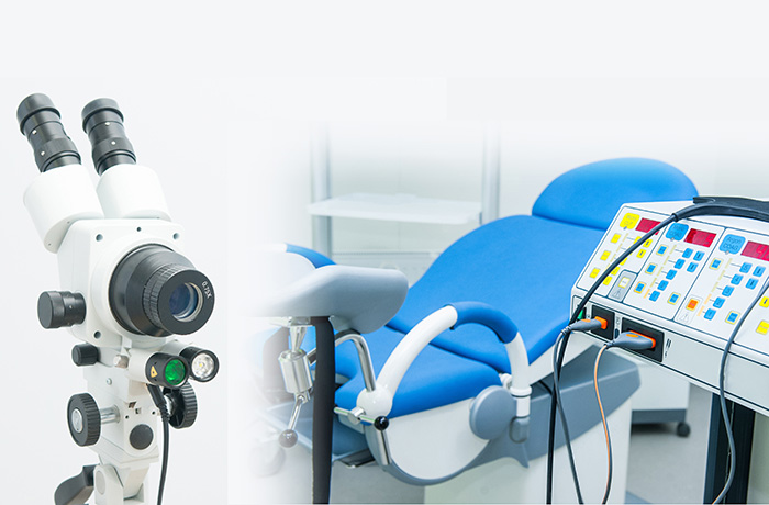 Die Laservaporisation ist eine schonende Behandlung bei einer Dysplasie (Krebsvorstufe) Laser, Kolposkop und Gyn-Stuhl für eine OP