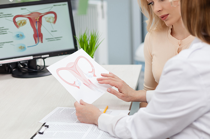 Mit dem S-Pap erhöhen Sie Ihre Sicherheit und Ihren Schutz vor Gebärmutterhalskrebs bei der Vorsorgeuntersuchung bei Ihrem Frauenarzt. Für jede Frau bei ihrem Frauenarzt anwendbar. Ärztin und Patientin schauen gemeinsam auf ein Bild vom Gebärmutterhals bei der Vorsorgeuntersuchung.