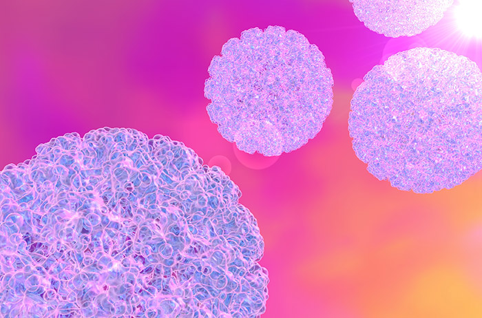 Eine HPV-Infektion ist nichts ungewöhnliches. 3 blaue HPV auf rot-gelbem Hintergrund
