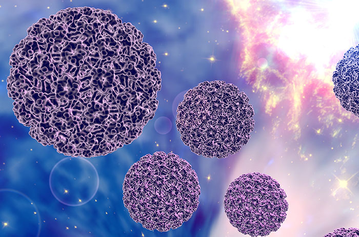 Bei Pap 3 und HPV-Infektion ist der Pap-Test zuverlässig überprüfen, weil der Pap-Befund auffällig ist, jedoch unklar, welche Zellveränderungen vorliegen. 5 blaue HPV auf blauem Hintergrund